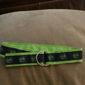 Della Divine- Frog Embroidered Ribbon D-Ring Belt, 24 inch, Navy/Green